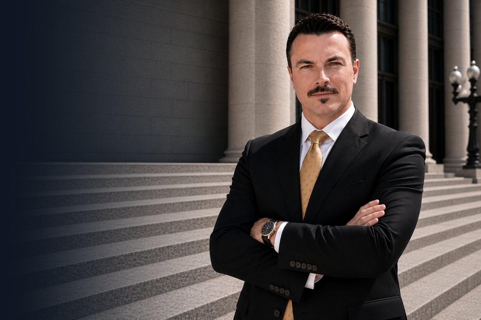 Patrick Smith, immigration attorney, in front of courthouse columns
